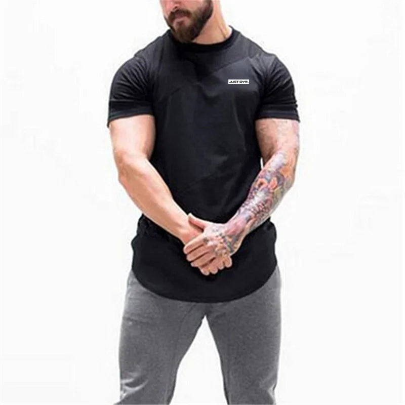 Gym Fitness T-shirt Trend Stitching Contrast Color Short Sleeve Shirt Mens Bodybuilding Clothing Summer Cotton Breathable Tops