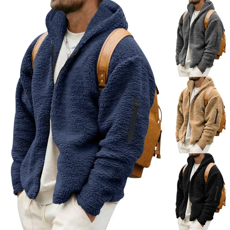 Men’s Fleece Jacket – Hooded, warm, loose fit, casual winter style.