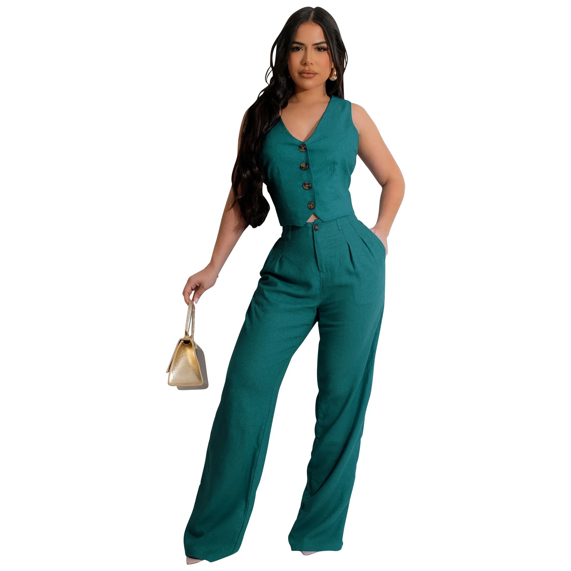 Fashion Sleeveless Vest Pants Women Solid Color Suit Spring Summer V Neck Ultra Short Top + Slim Pants Female Office 2 Piece Set