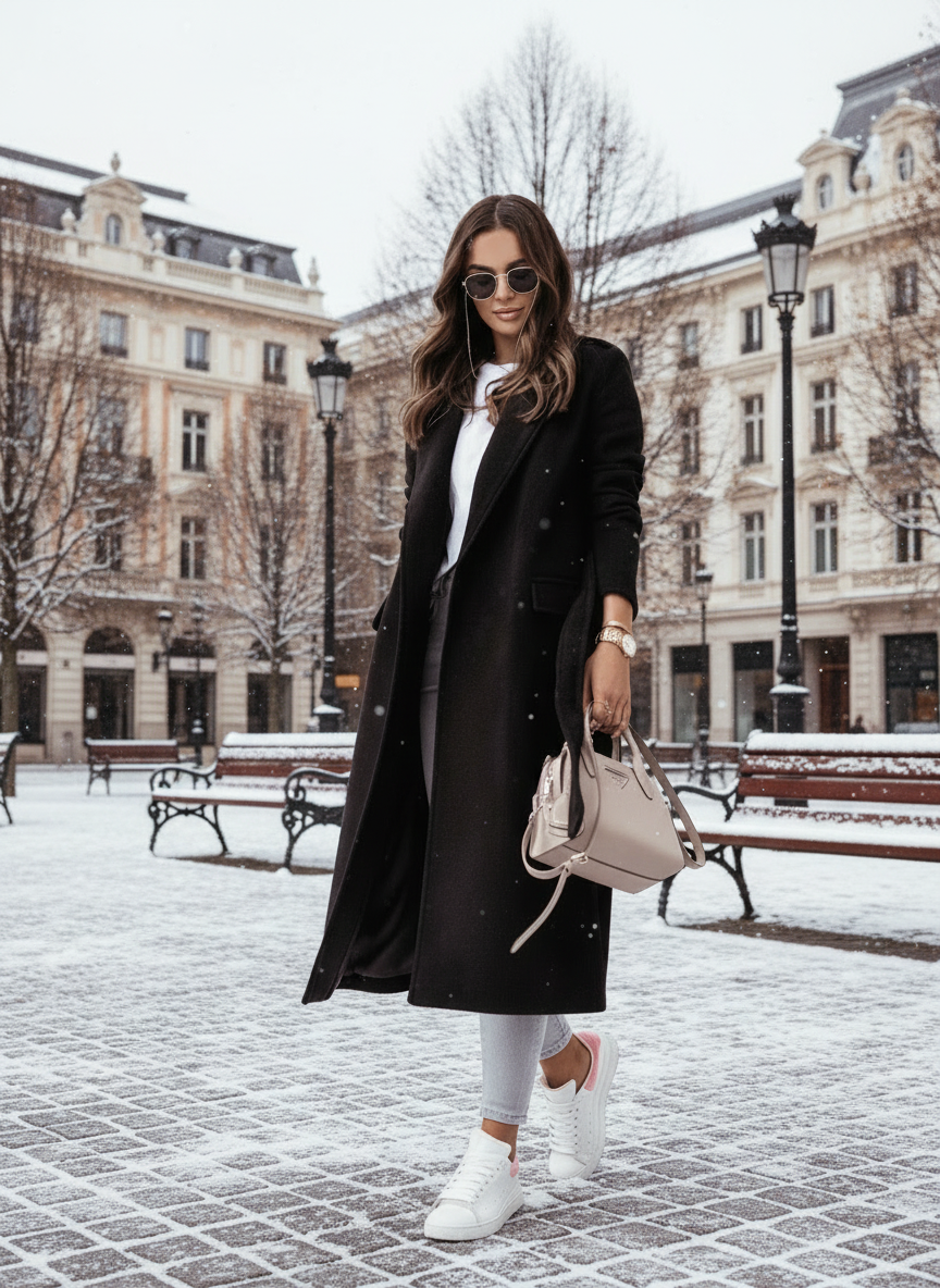 Fashionable women’s wool coat with long sleeves and a belted wrap design. Elegant and versatile — perfect for spring and autumn.