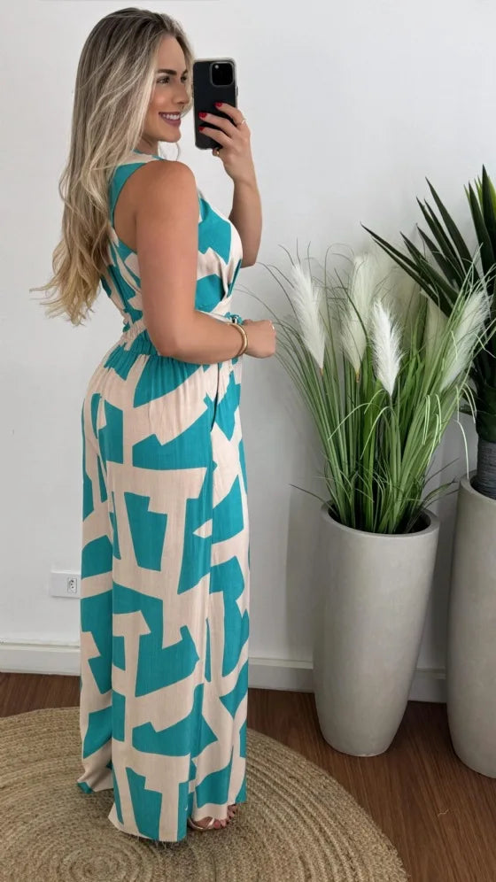Women's fashionable and minimalist style women's deep V-waist tied jumpsuit -88209 sleeveless mid waist straight leg pants 2024