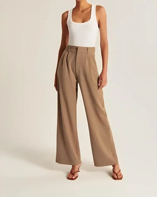 Customizable Womens Casual Wide Leg Pants Office Lady High Waisted Work Solid Color Tailored Button Down Trousers with Pockets