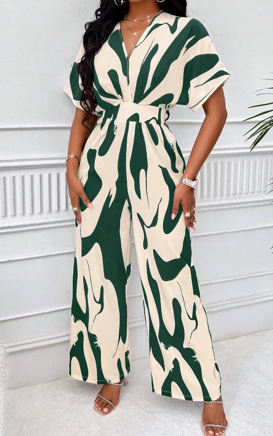 Spring Summer New Printed Short Sleeve For Women's Jumpsuit Fashion Waist Slim Simple Elegant Female Office Jumpsuit Pants