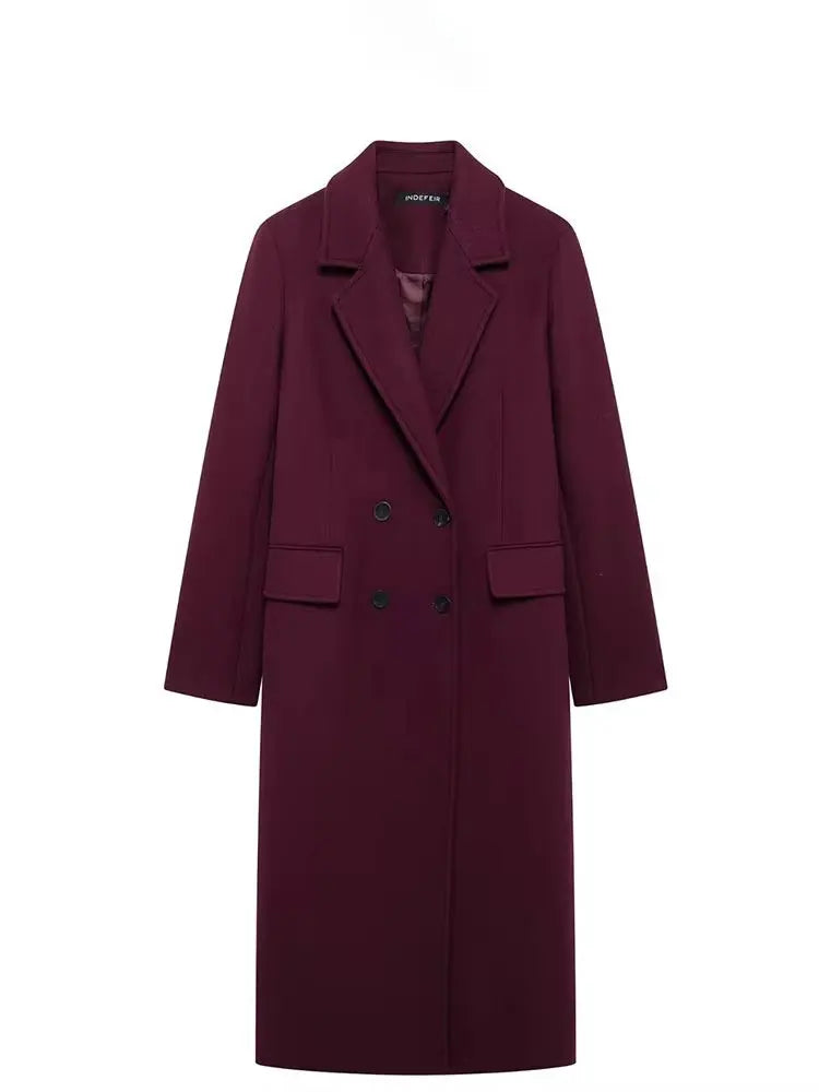 Burgundy Wool Blend Double-Breasted Coat – Autumn & Winter