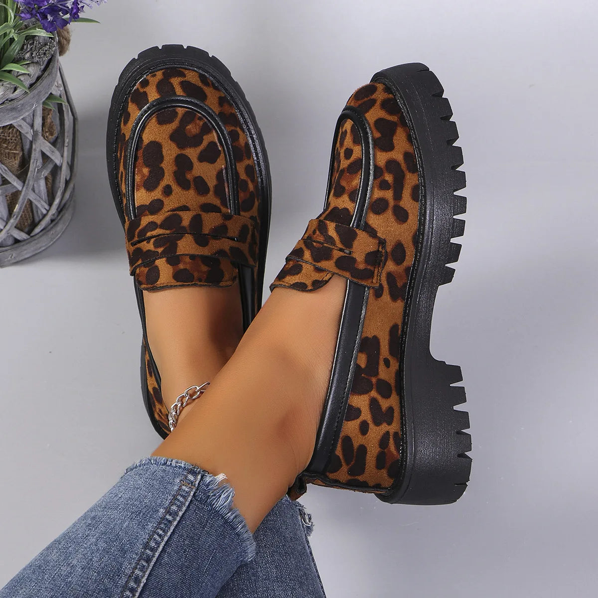 Women's Fashion Leopard Patchwork Slip-on Loafers Chunky Heel Platform Flats 2024 New Moccasins Casual Shoes Plus Size Zapatos