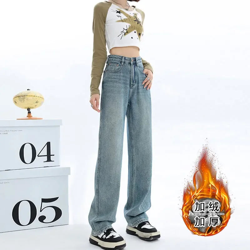 High-waisted Thickened Loose-fit Fleece-lined Straight-leg Jeans For Women Petite Size Warm Light-colored Long Trousers