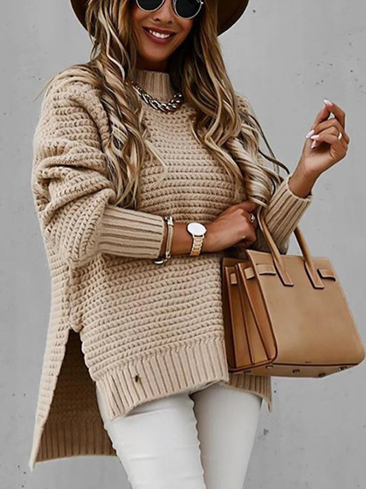 Loose Black Knit Sweater with High Neck – Autumn & Winter