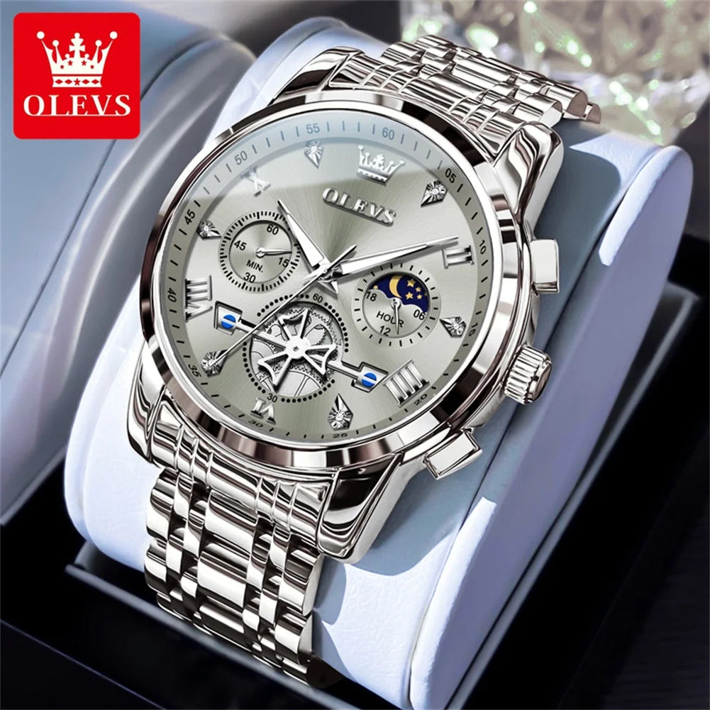 OLEVS 2856 Original Quartz Dress Watch For Men Moon Phase Stainless Steel Business Wristwatch Waterproof Luminous Man Watches