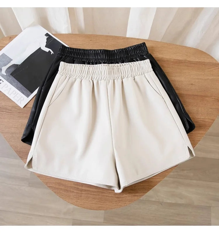 Casual Women High-waist Slimming Pu Leather Black A- pants Loose Plus-size Shorts Outdoor Wear Trousers Korean Style