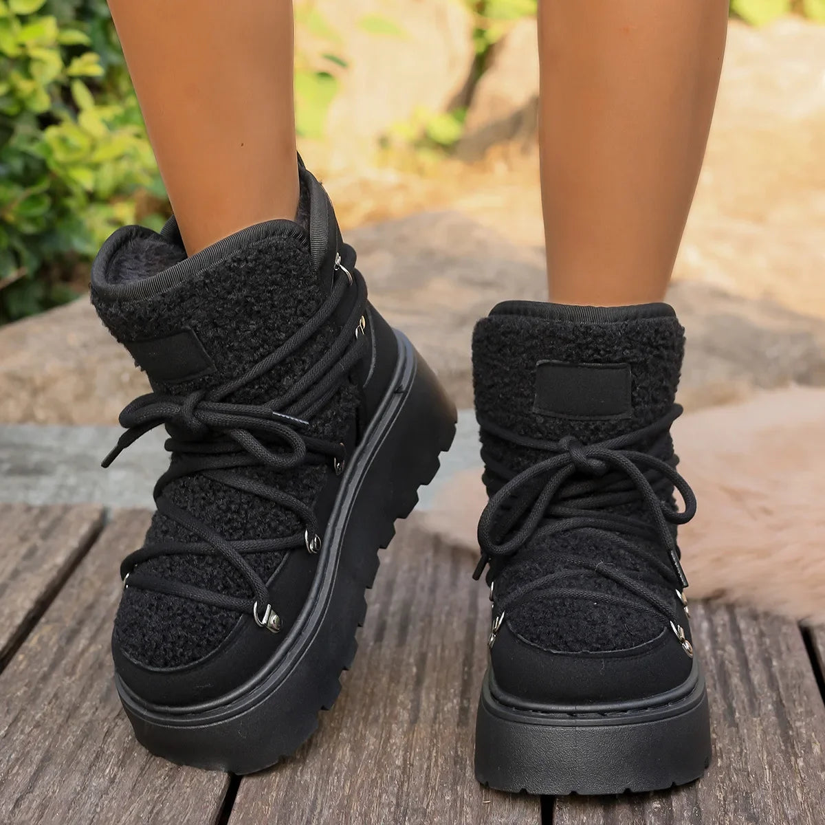 Women’s Winter Snow Boots – Warm, Fleece-Lined, Thick Sole, Cotton Material, Adjustable Ties, Non-Slip Rubber Outsole,