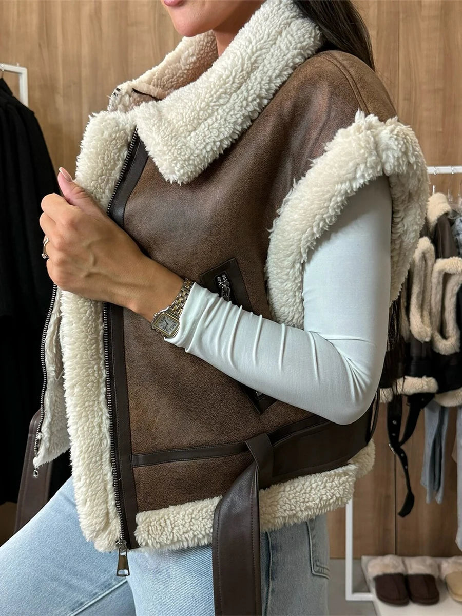 Women Leather Sherpa Vest Fur Collar Sleeveless Zipper Faux Suede Shearling Vest 2024 Biker Moto Jacket Winter Warm Outerwear