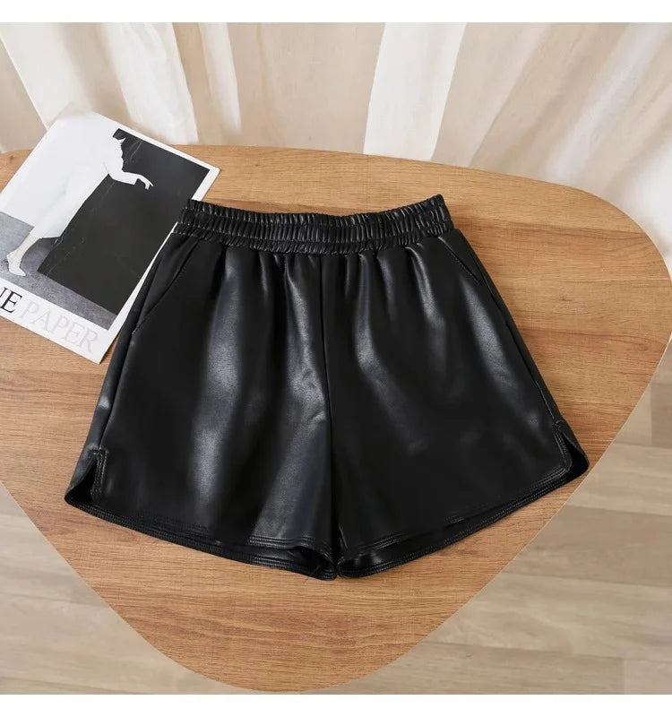 Casual Women High-waist Slimming Pu Leather Black A- pants Loose Plus-size Shorts Outdoor Wear Trousers Korean Style