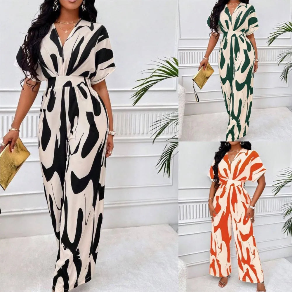 Spring Summer New Printed Short Sleeve For Women's Jumpsuit Fashion Waist Slim Simple Elegant Female Office Jumpsuit Pants