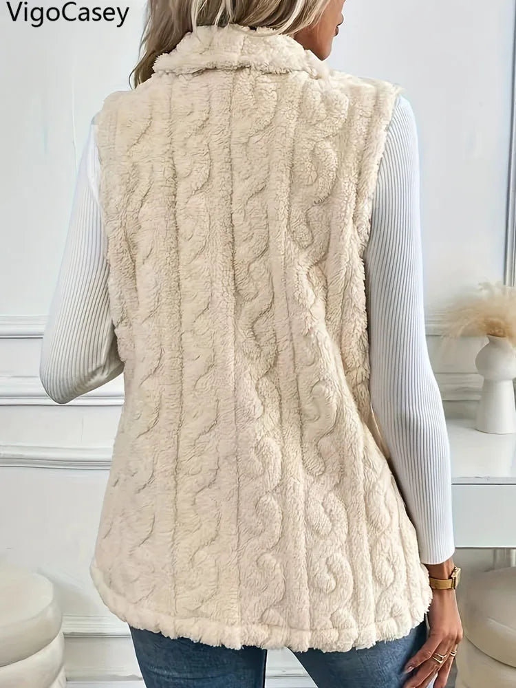 Sleeveless Plush Single-Breasted Vest – Autumn & Winter