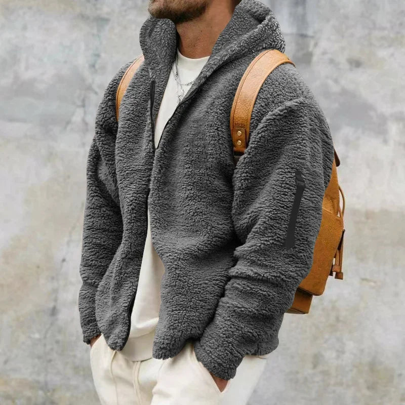 Men’s Fleece Jacket – Hooded, warm, loose fit, casual winter style.
