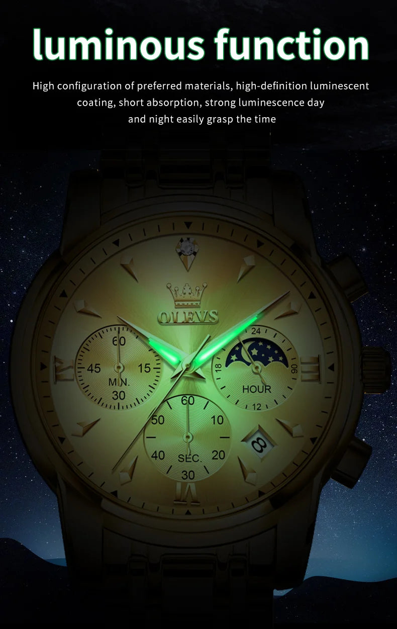 OLEVS 3639 Moon Phase Quartz Watch For Men Fashion Chronograph Luxury Wristwatch Waterproof Luminous Date Business Man Watches