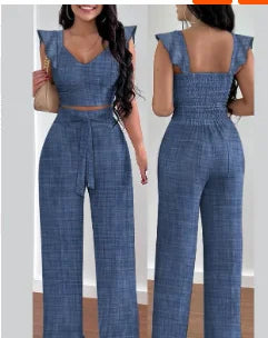 Tow Piceses Outfits for Women 2023 V-Neck Sleeveless Shirred Crop Top & Pocket Design Elegant Work Lady Wide Leg Pants Set