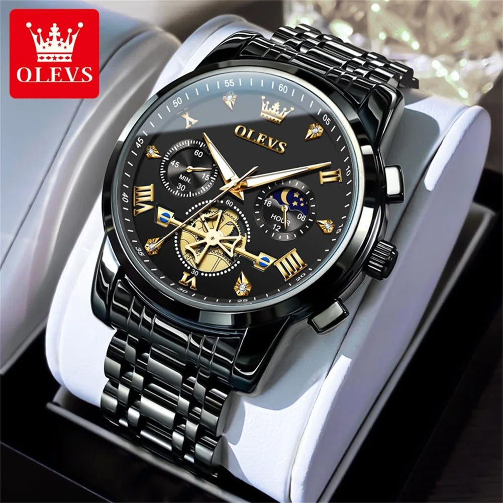 OLEVS 2856 Original Quartz Dress Watch For Men Moon Phase Stainless Steel Business Wristwatch Waterproof Luminous Man Watches