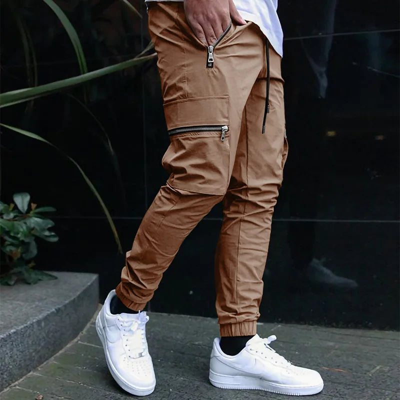 Men's casual overalls spring and autumn new drawstring fashion personality zipper pocket small foot pencil pants long pants