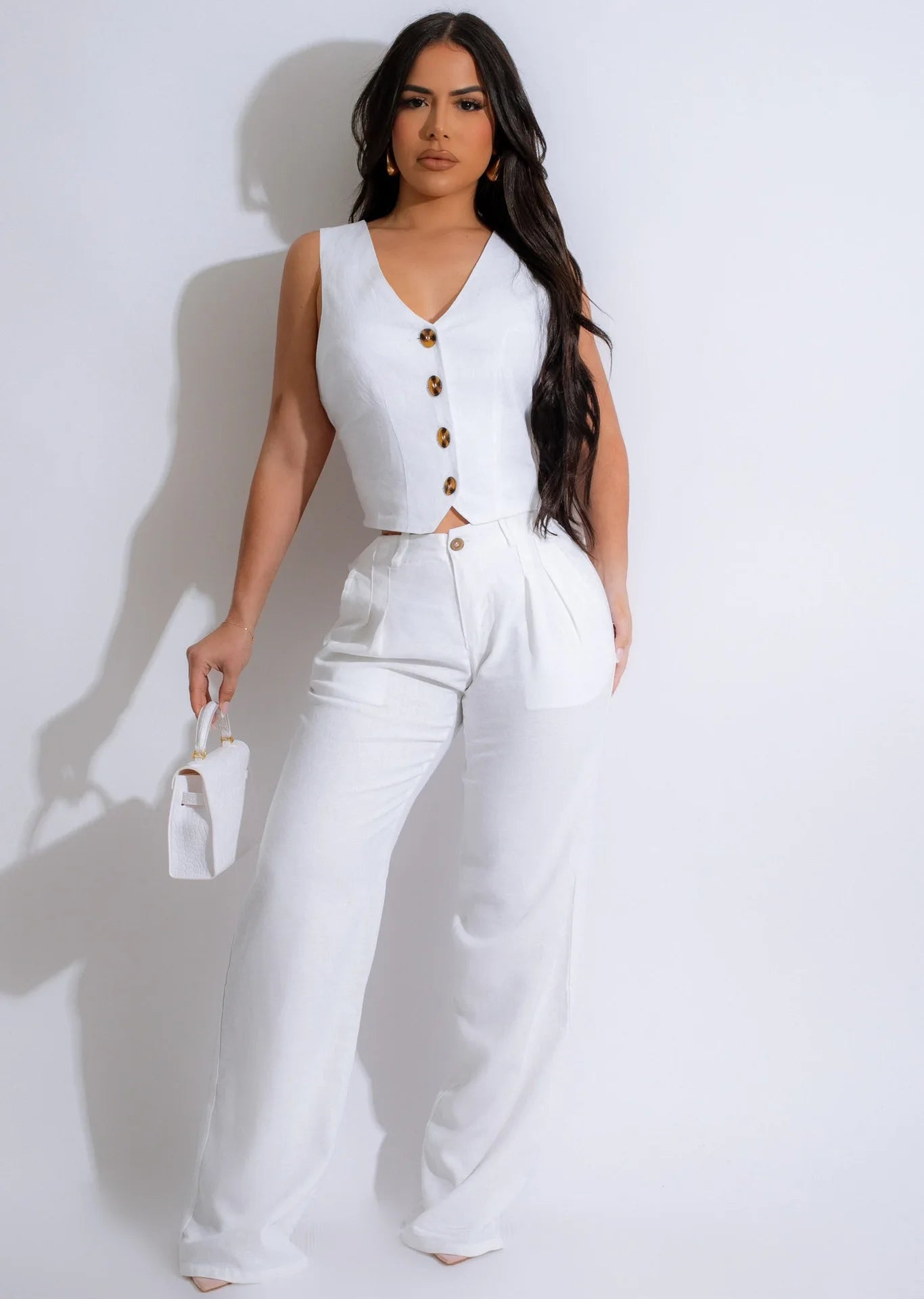 Fashion Sleeveless Vest Pants Women Solid Color Suit Spring Summer V Neck Ultra Short Top + Slim Pants Female Office 2 Piece Set