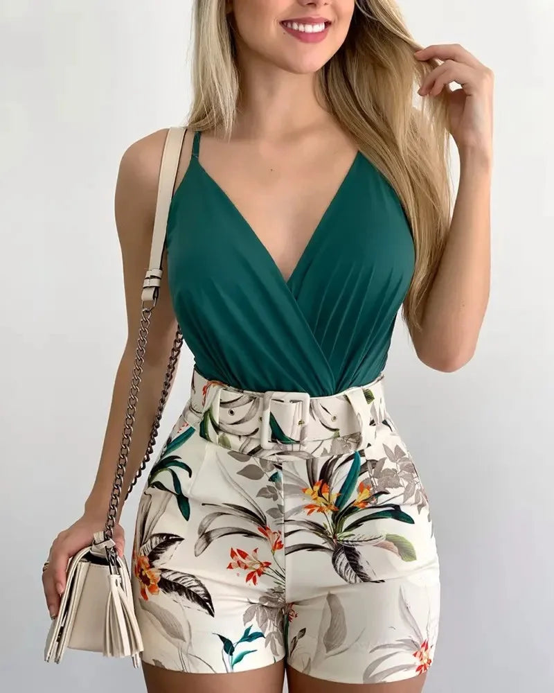 Summer Women's Print Two-piece 2024 Fashion Deep V-neck Belt Beach Style Holiday Style Casual Sexy Two-piece Set