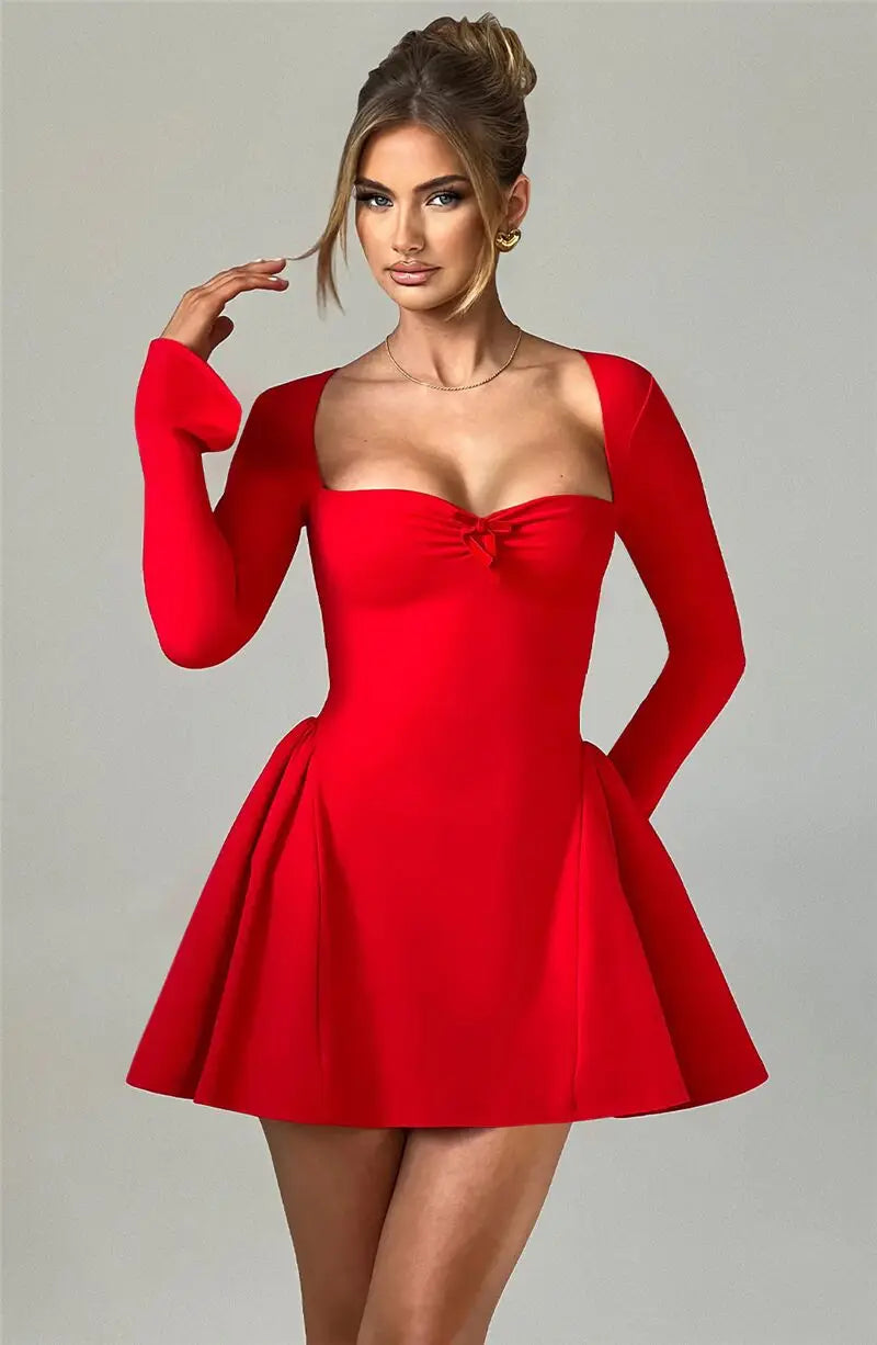 Mozision Long Sleeve A-line Sexy Mini Dress For Women Robe Autumn Fall Bow Square Collar Pleated Dress Elegant Dresses