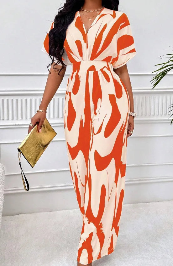 Spring Summer New Printed Short Sleeve For Women's Jumpsuit Fashion Waist Slim Simple Elegant Female Office Jumpsuit Pants