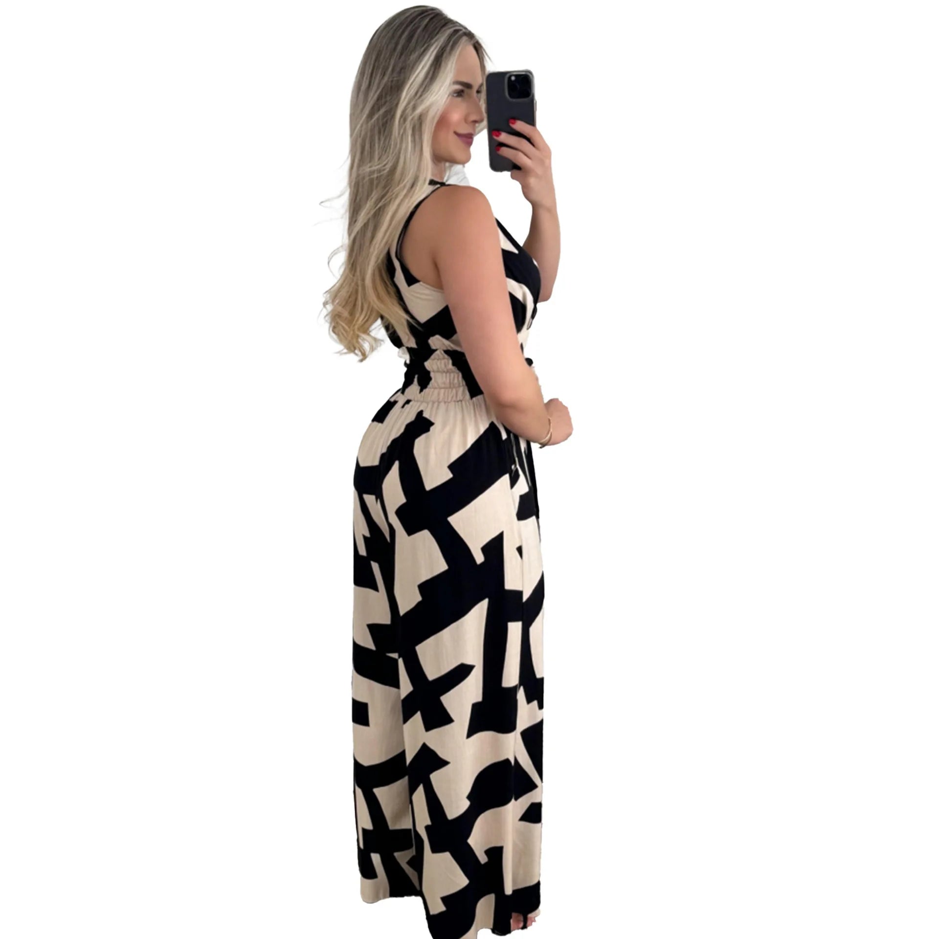 Women's fashionable and minimalist style women's deep V-waist tied jumpsuit -88209 sleeveless mid waist straight leg pants 2024
