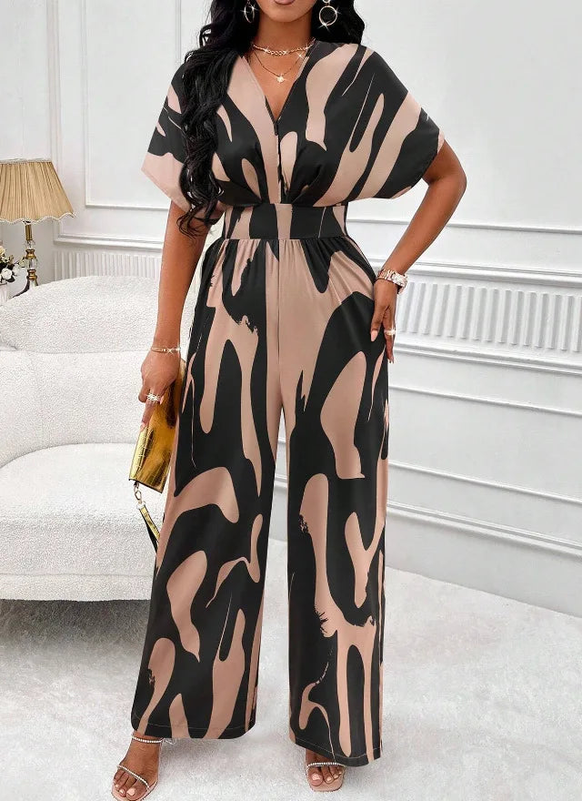 Spring Summer New Printed Short Sleeve For Women's Jumpsuit Fashion Waist Slim Simple Elegant Female Office Jumpsuit Pants