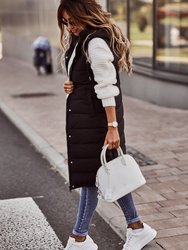 Sleeveless Winter Jacket Women Midi Coats Down Vest Keep Warm Elegant Black Hooded Street Hipster Lady Cotton Overcoat