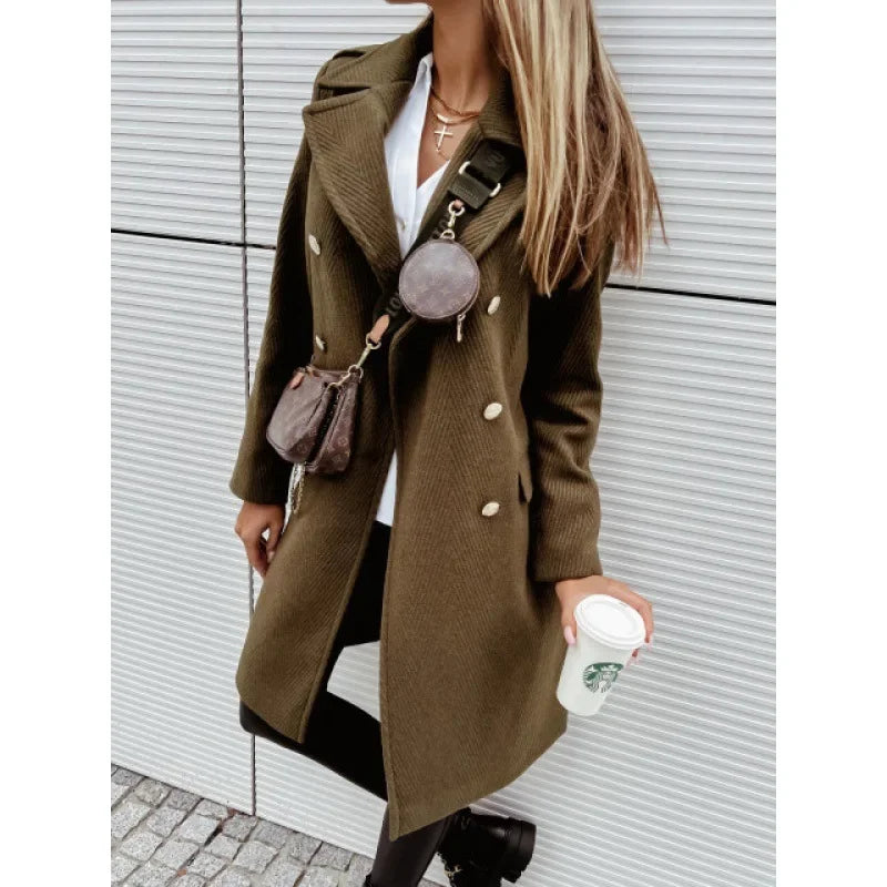 Women’s Double-Breasted Wool Coat – Midi length, V-neck, elegant and fashionable.
