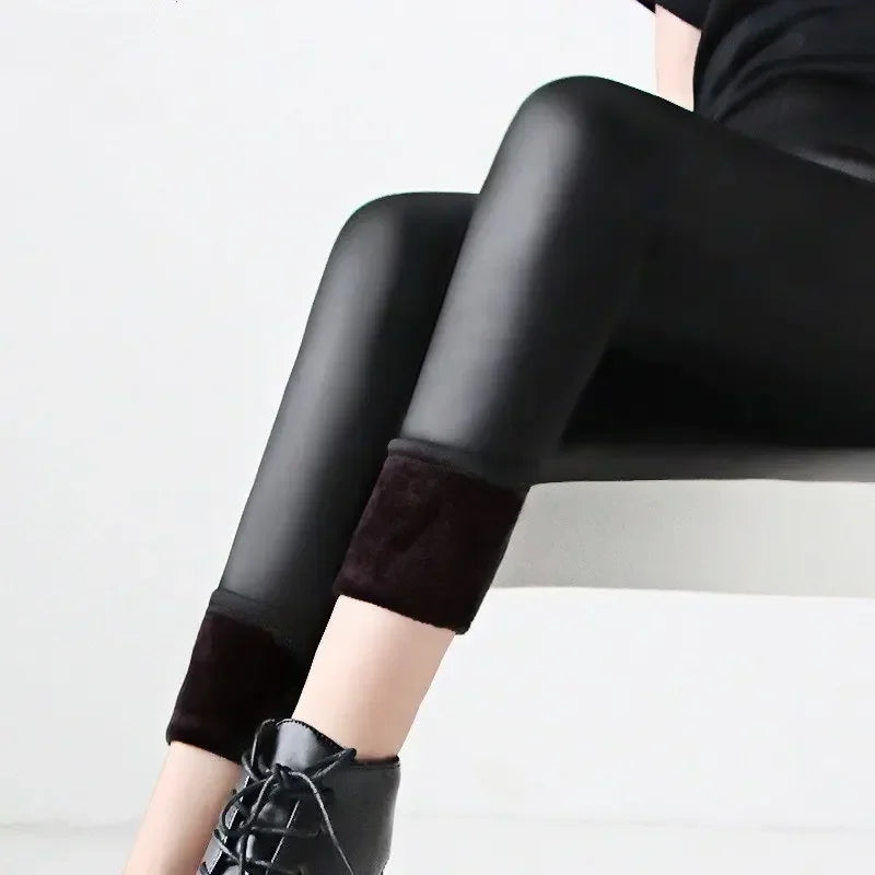 Winter Warm 100kg Fat MM Plus Size Women Plus Velvet Solid Color Imitation Leather High Waist Pants Leggings 6XL Femme MZ1097