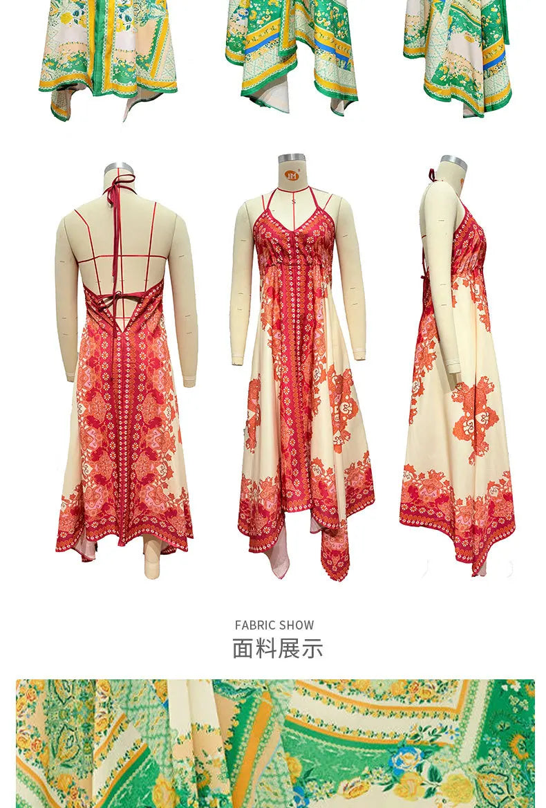 Women's Bohemian Floral Halter Dress – Long, V-Neck, Perfect for Summer, Beach Days, and Casual Outings.