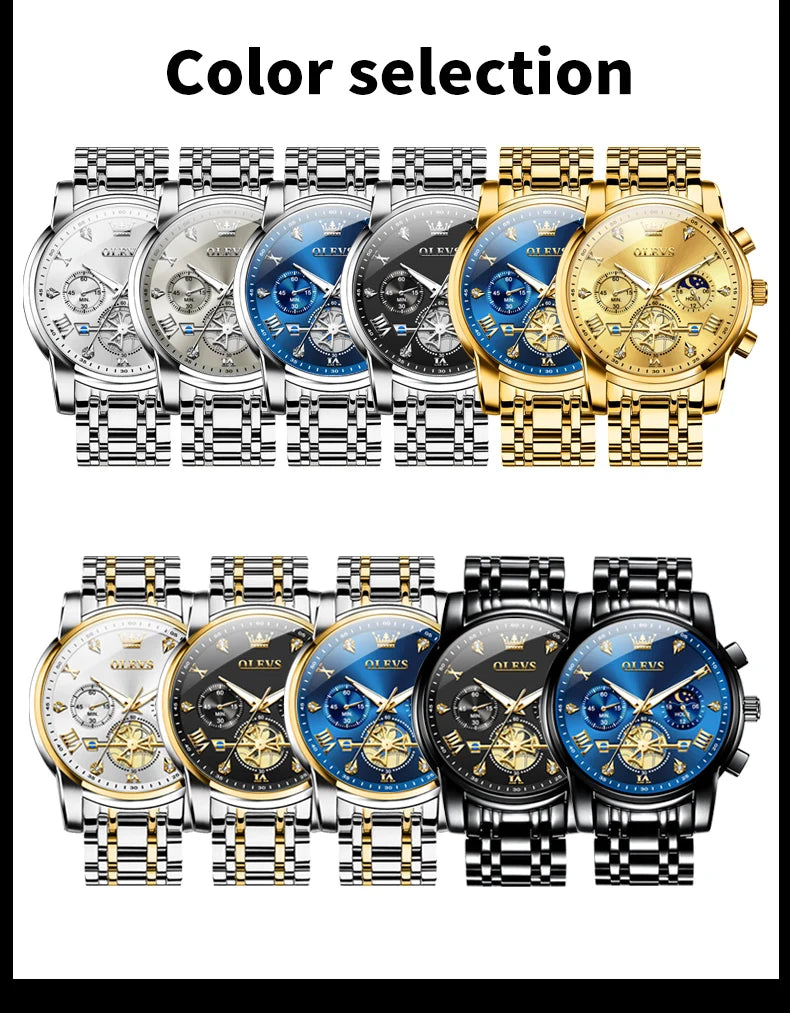 OLEVS 2856 Original Quartz Dress Watch For Men Moon Phase Stainless Steel Business Wristwatch Waterproof Luminous Man Watches