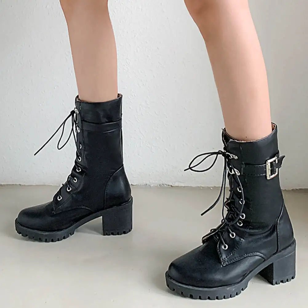 HUAJUANER 2023 Big Size 45 Autumn Winter Shoes High Quality Leather Boots Women Fashion non-slip Shoelaces Motorcycles Boots