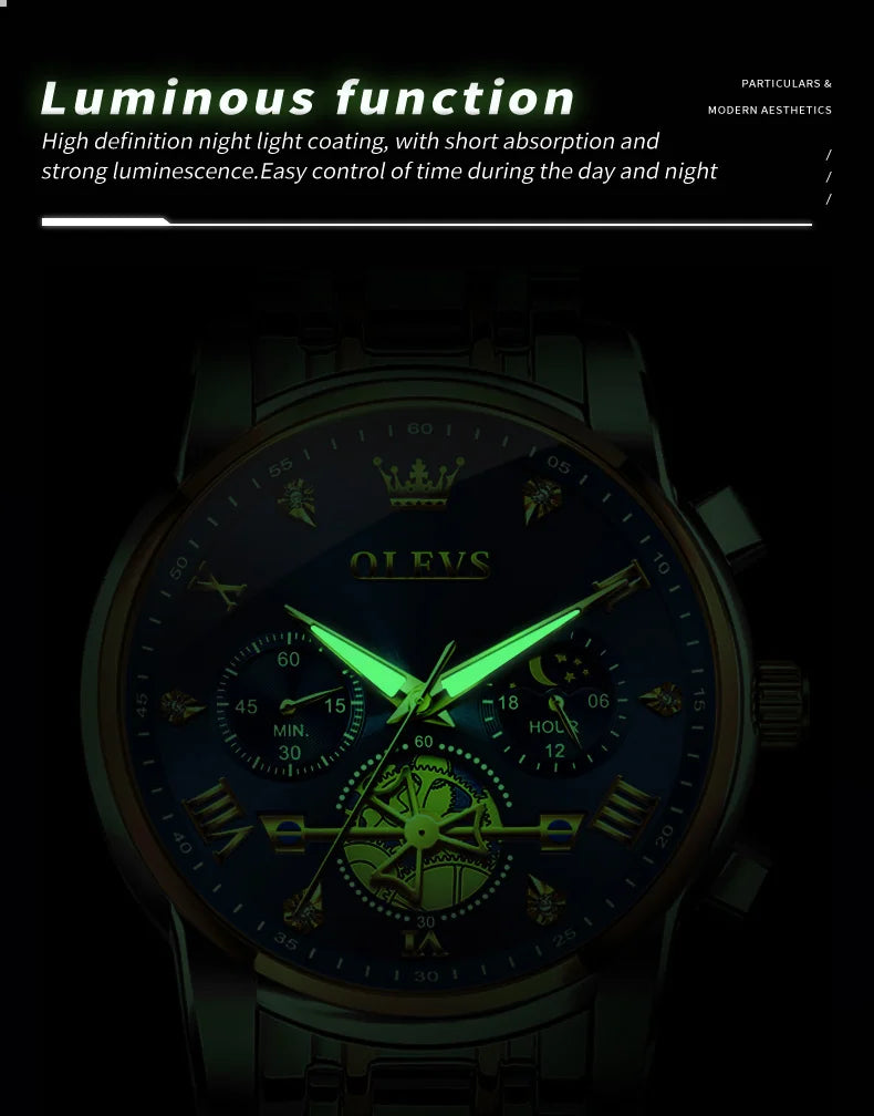 OLEVS 2856 Original Quartz Dress Watch For Men Moon Phase Stainless Steel Business Wristwatch Waterproof Luminous Man Watches