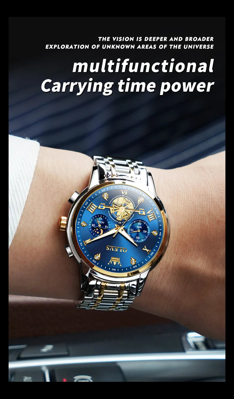 OLEVS 2856 Original Quartz Dress Watch For Men Moon Phase Stainless Steel Business Wristwatch Waterproof Luminous Man Watches