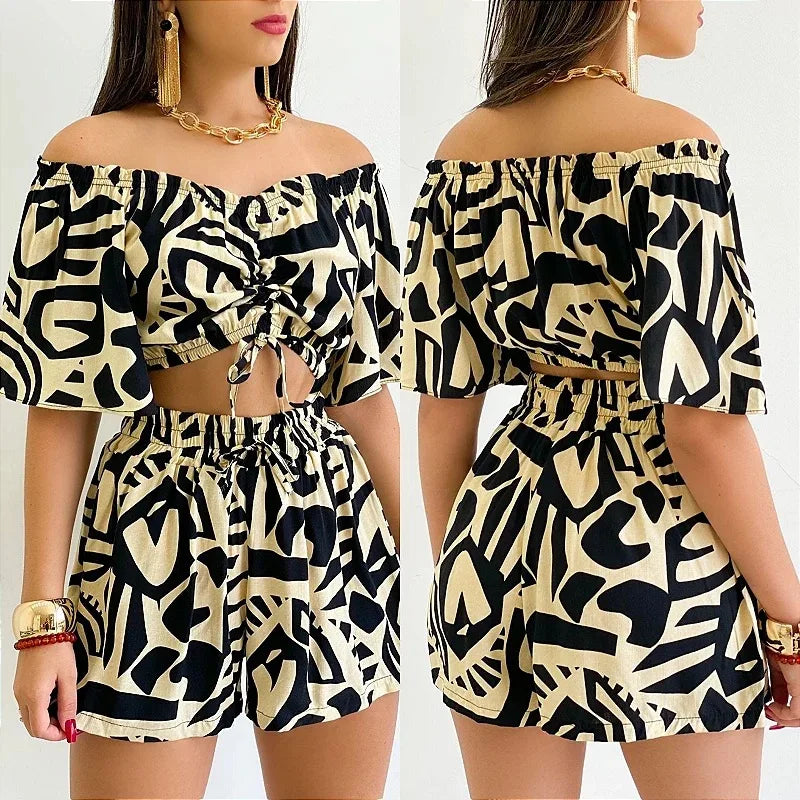Sexy Off Shoulder Slash Neck T-shirt Shorts Set Office Lady Floral Print Lace Up Short Sleeve Two Piece Set Women Outfit 2023