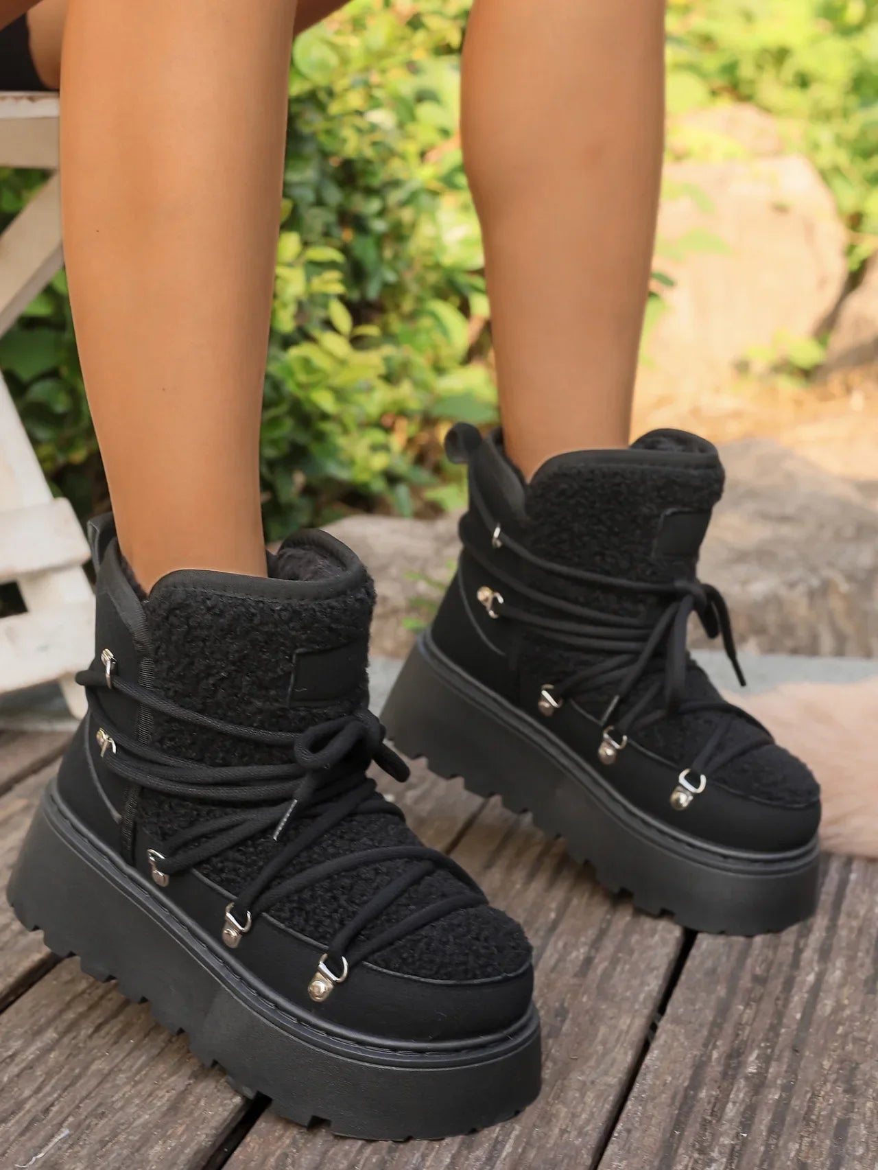 Women’s Winter Snow Boots – Warm, Fleece-Lined, Thick Sole, Cotton Material, Adjustable Ties, Non-Slip Rubber Outsole,