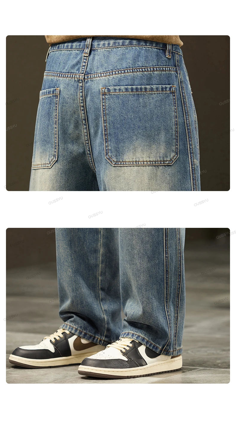 Winter Fleece Warm High Quality Cotton Jeans Men Loose Wide Leg Pants Elastic Waist Korean Velvet Flocking Outdoors Trousers