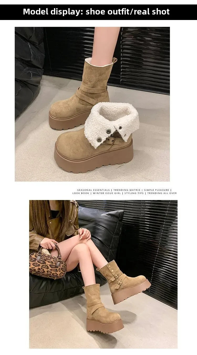 Women’s Winter Boots – Thick sole, ultra high heel, fleece-lined, mid-calf, round toe.