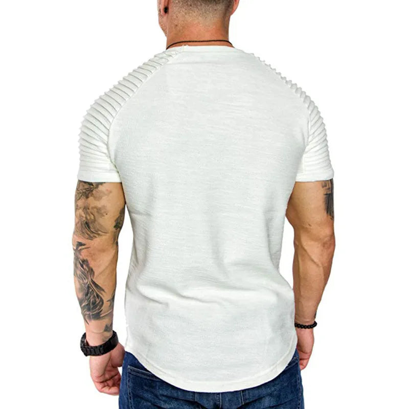 New summer crew-neck slim-fit pleated casual short-sleeved youth fashion base shirt men's sports shoulder sleeve top