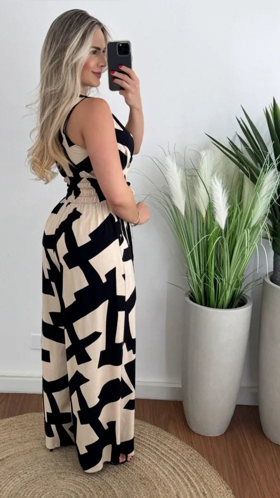 Women's fashionable and minimalist style women's deep V-waist tied jumpsuit -88209 sleeveless mid waist straight leg pants 2024