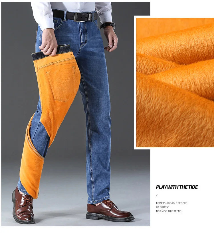 2024 Mens Winter Classic Business Quality Famous Brand Fleece Pants Straight Trousers Winter Thermal Warm Plush Stretch Jeans