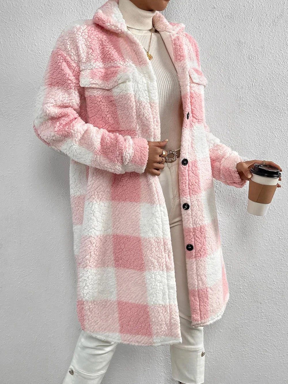 Long Plaid Fleece Coat with Pockets – Autumn & Winter