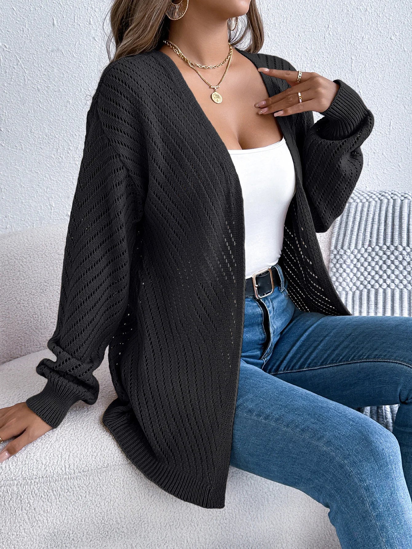 Solid Knit Long Sleeve Cardigan – Autumn & Winter