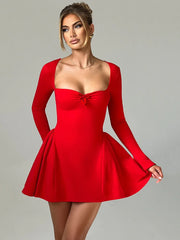 Mozision Long Sleeve A-line Sexy Mini Dress For Women Robe Autumn Fall Bow Square Collar Pleated Dress Elegant Dresses