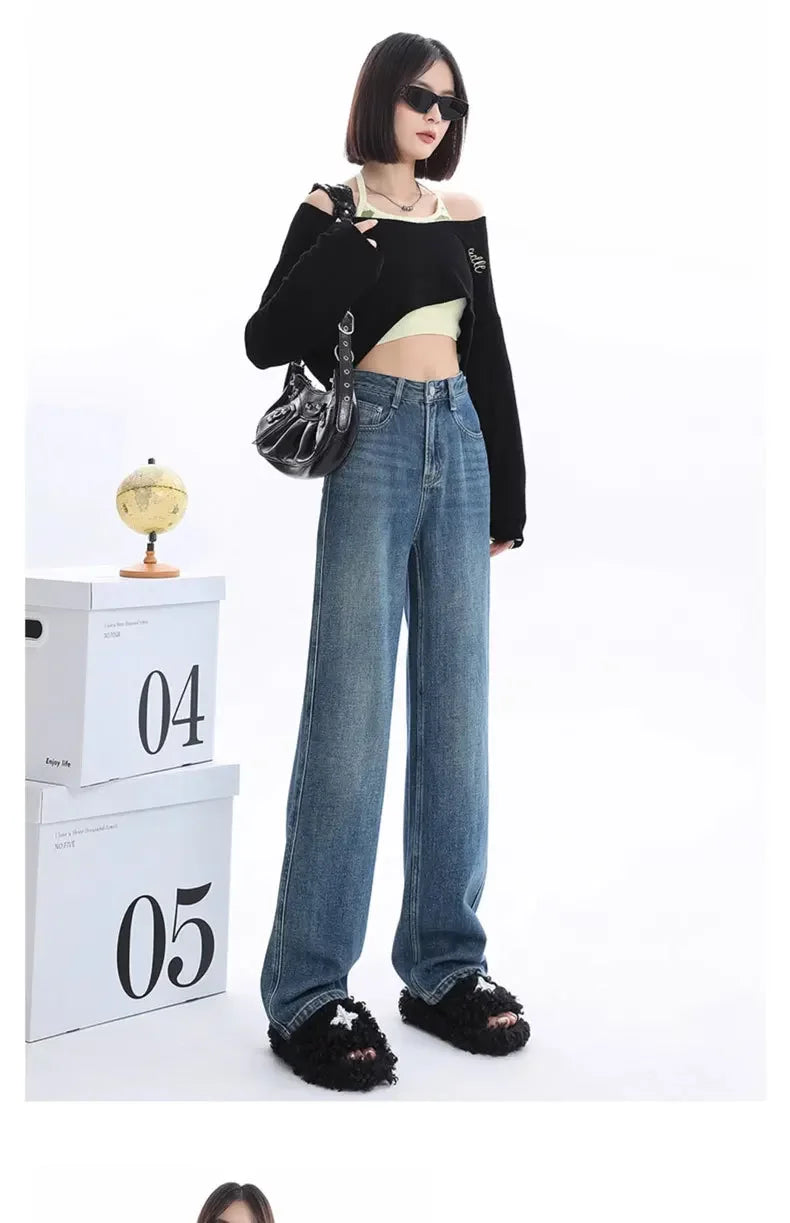 High-waisted Thickened Loose-fit Fleece-lined Straight-leg Jeans For Women Petite Size Warm Light-colored Long Trousers