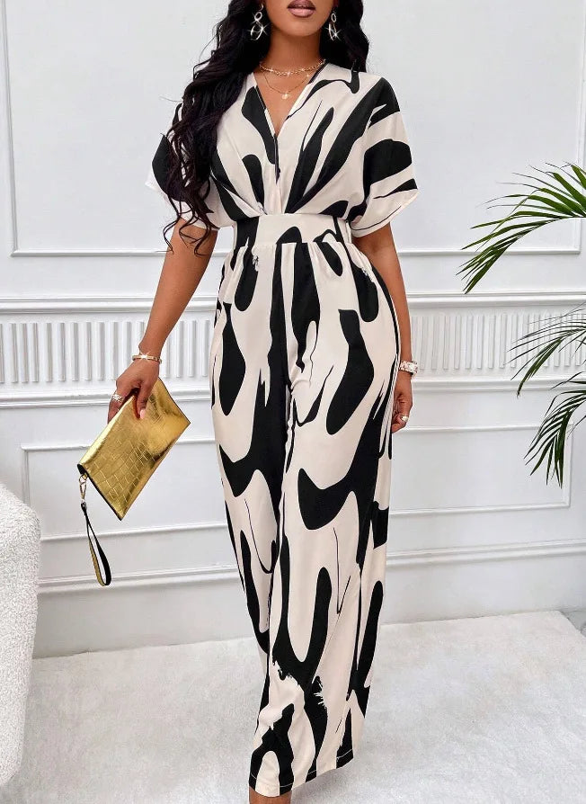 Spring Summer New Printed Short Sleeve For Women's Jumpsuit Fashion Waist Slim Simple Elegant Female Office Jumpsuit Pants