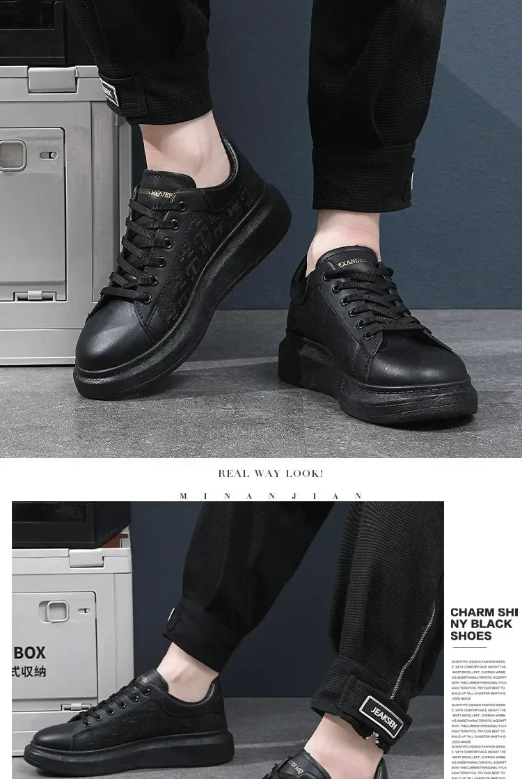 Casual Shoes Men 2024 New arrival Lace-up Thick Sole Casual Sneakers Versatile Leather Muffin Shoes Elevated Male Board Footwear